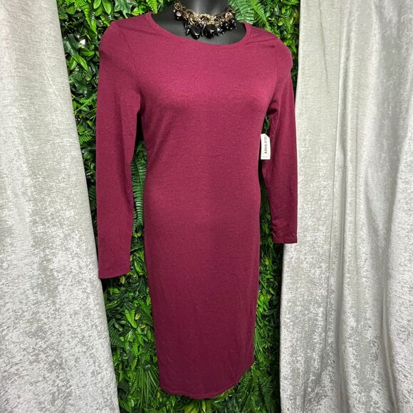 Old Navy Women Dress Medium Round Neck Wine Red Midi Knit 1467 - Picture 2 of 9